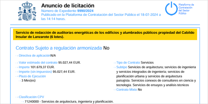 Licitación para realizar auditorías energéticas en infraestructuras del Cabildo de Lanzarote