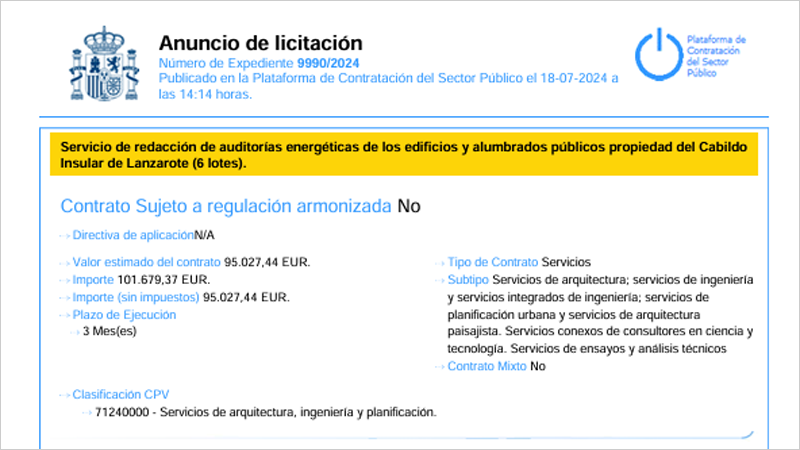 Licitación para realizar auditorías energéticas en infraestructuras del Cabildo de Lanzarote