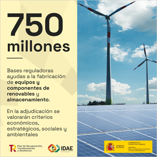 Línea de incentivos a la cadena de valor industrial de las energías renovables y el almacenamiento con 750 millones