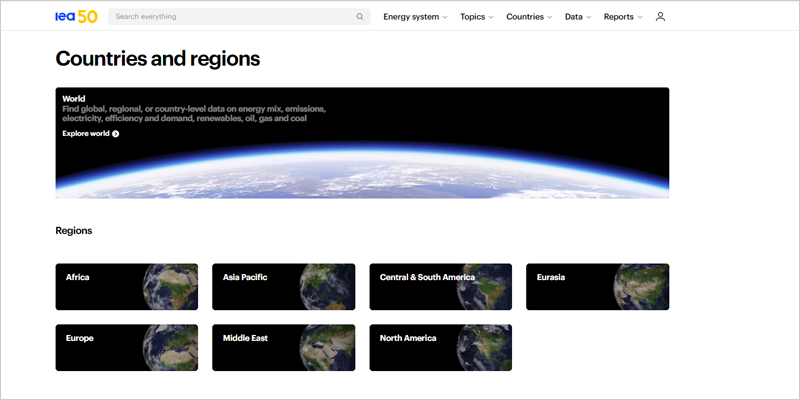 La IEA ofrece una visión actualizada del sistema energético y tendencias a través de la sección países y regiones