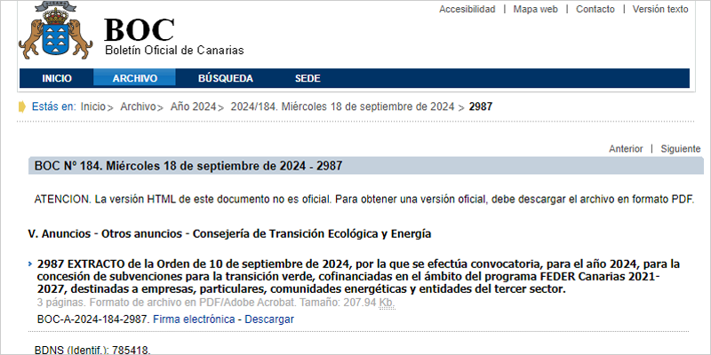 La subvención se destina a la mejora de la eficiencia energética, el uso de energías renovables y la implantación de sistemas, redes inteligentes y equipos de almacenamiento de energía, enmarcadas en el Programa FEDER Canarias 2021-2027