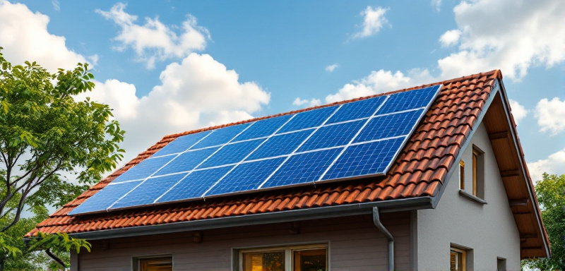 Panel solar fotovoltaico instalado en el tejado de una vivienda, cielo azul de fondo