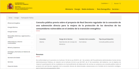 Consulta pública previa para conceder ayudas a consumidores energéticos vulnerables