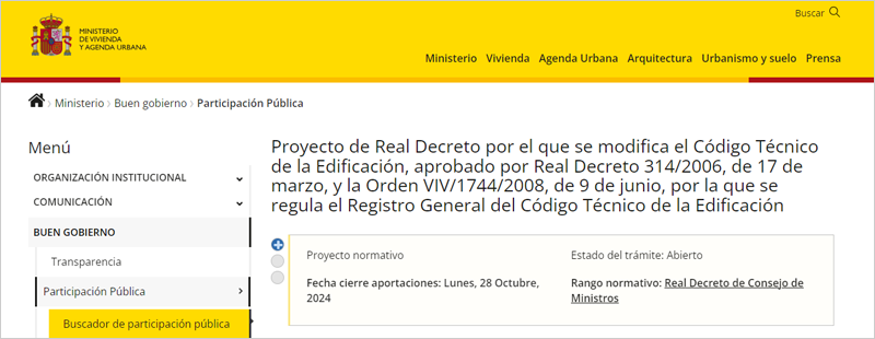 La consulta pública previa del proyecto de Real Decreto por el que se modifica el Código Técnico de la Edificación está abierta a observaciones hasta el día 28 de octubre de 2024.