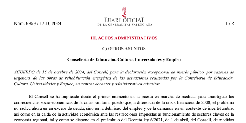 Luz verde a la declaración de interés público a las obras de rehabilitación energética en centros adscritos a la consejería de Educación de la Generalitat Valenciana