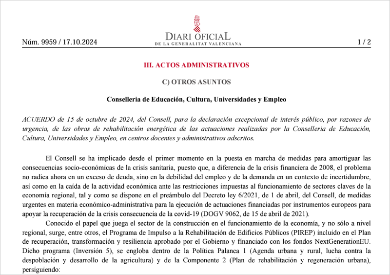 Luz verde a la declaración de interés público a las obras de rehabilitación energética en centros adscritos a la consejería de Educación de la Generalitat Valenciana