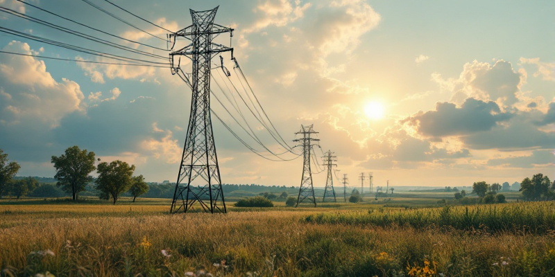 Imagen de un poste de electricidad en medio del campo, bajo un cielo claro