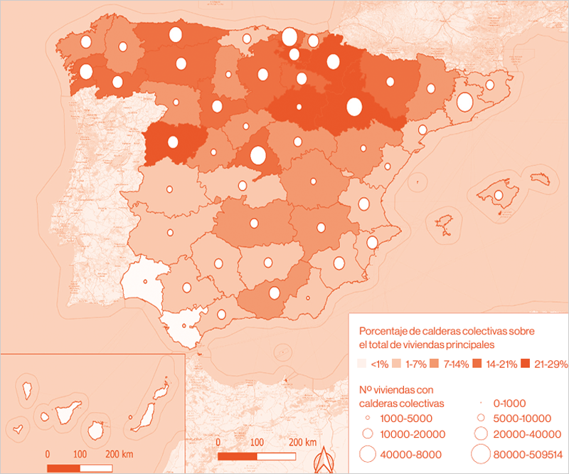 Porcentaje de calderas colectivas sobre el total de viviendas principales. 