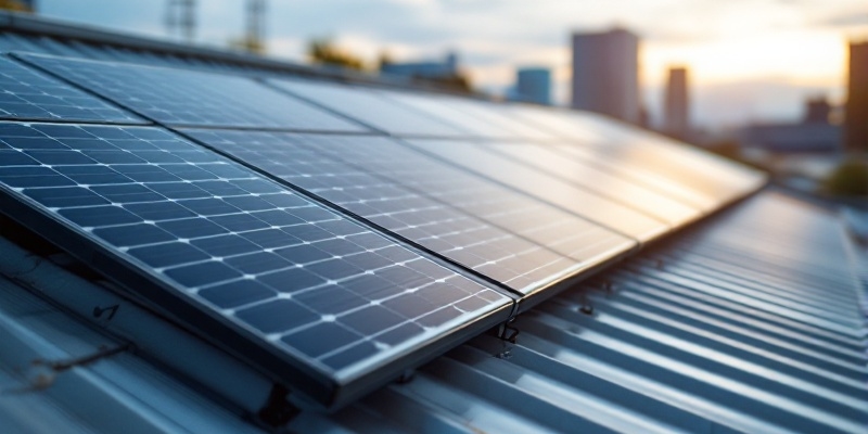 Paneles solares en el tejado que destacan en un fondo borroso.