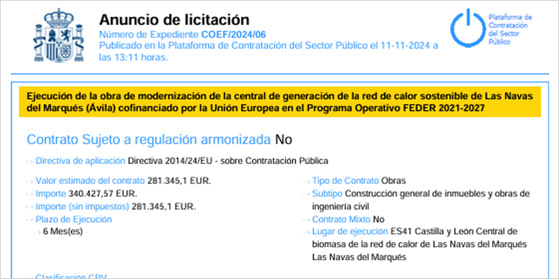 A licitación la modernización de la central de biomasa de Las Navas del Marqués en Ávila