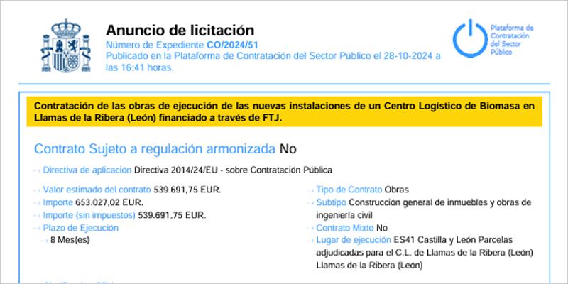 Licitación para la construcción de un Centro Logístico Comarcal de biomasa forestal en Llamas de la Ribera