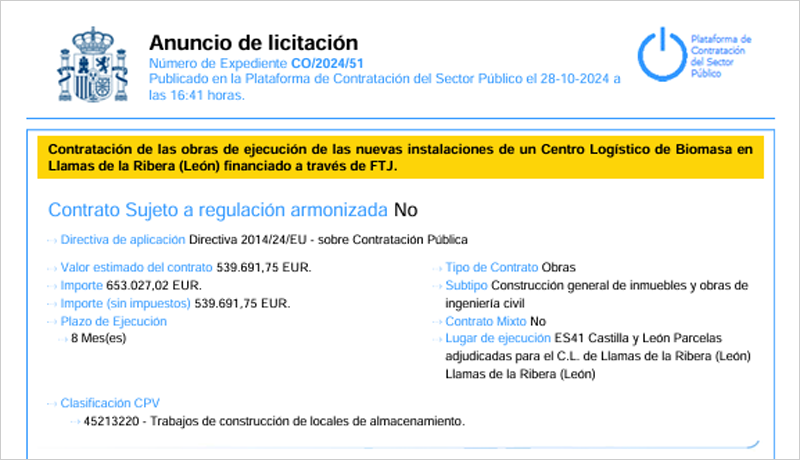 Licitación para la construcción de un Centro Logístico Comarcal de biomasa forestal en Llamas de la Ribera