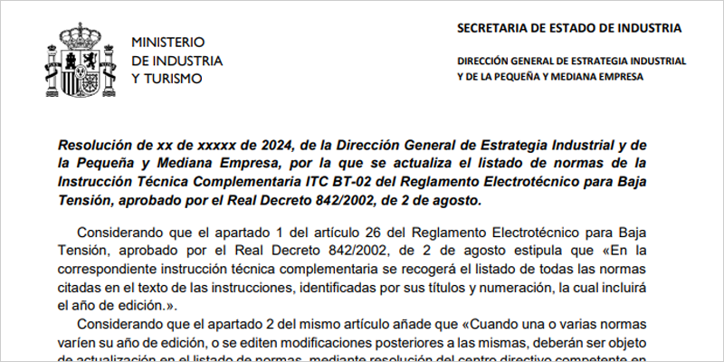 La actualización del listado de normas ITC BT-02 del Reglamento Electrotécnico para Baja Tensión se abre a audiencia pública