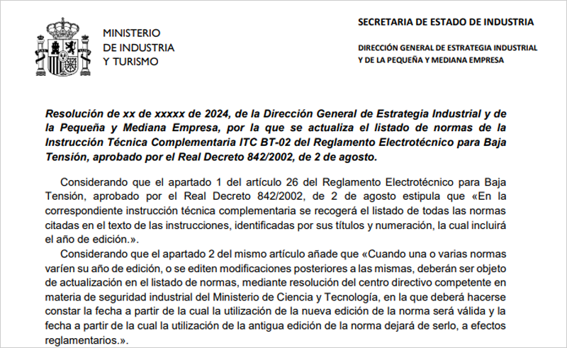 La actualización del listado de normas ITC BT-02 del Reglamento Electrotécnico para Baja Tensión se abre a audiencia pública