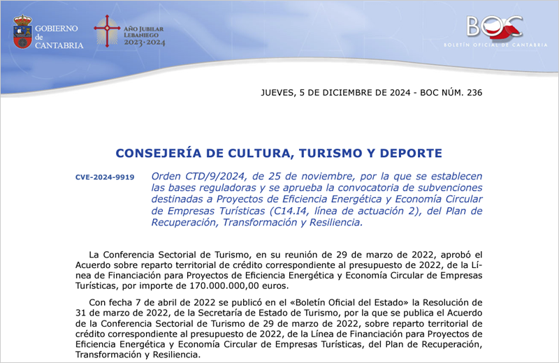 El plazo de ayudas para proyectos de eficiencia energética y economía circular de empresas turísticas estará abierto hasta el 31 de marzo de 2025.