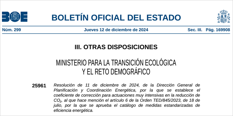 Publicada la resolución que permite incrementar el valor de los CAE obtenidos con actuaciones que reduzcan CO2