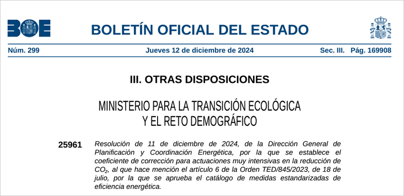 Publicada la resolución que permite incrementar el valor de los CAE obtenidos con actuaciones que reduzcan CO2