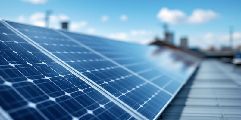 Paneles fotovoltaicos en una azotea con cielo azul desenfocado en el fondo, enfocando energía sostenible.