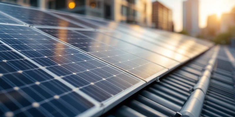 Paneles solares hiperrealistas en techo de edificio, enfoque selectivo con fondo desenfocado.