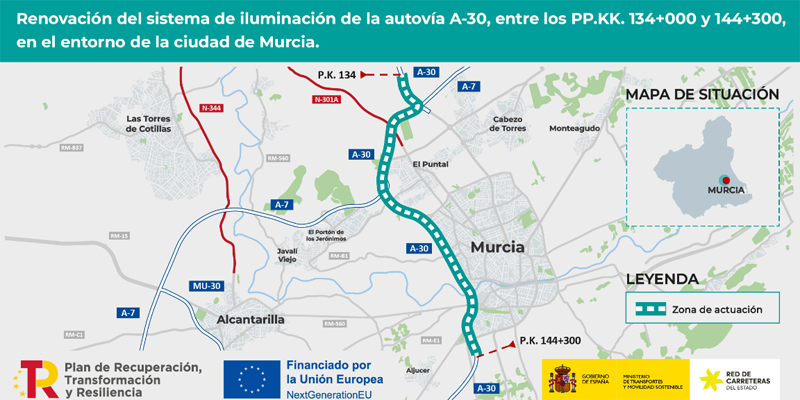 Licitación para renovar el alumbrado en 10 km de la A-30 en el entorno de la ciudad de Murcia