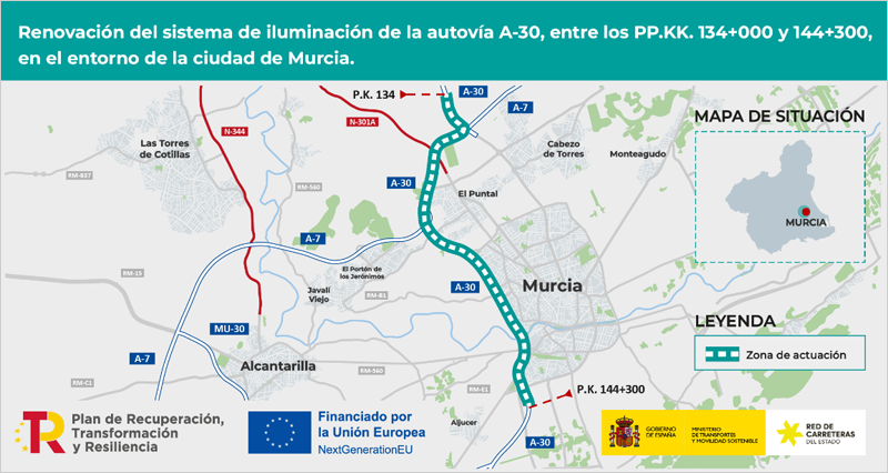 Licitación para renovar el alumbrado en 10 km de la A-30 en el entorno de la ciudad de Murcia