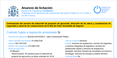Abierta la licitación de redacción del proyecto constructivo de la red de calor sostenible de Segovia