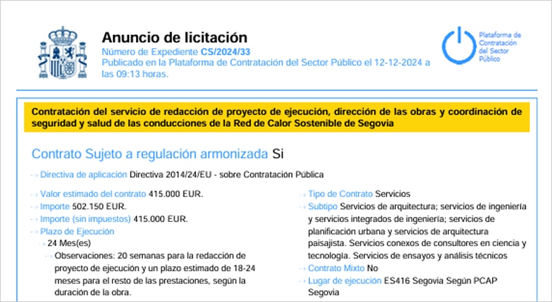 A licitación la redacción del proyecto constructivo de la red de calor sostenible de Segovia