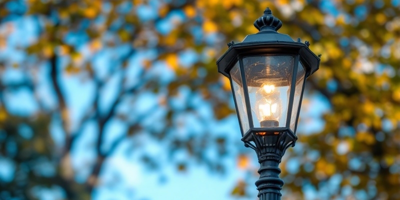 Imagen hiperrealista de una farola en primer plano con un árbol desenfocado y cielo azul de fondo.