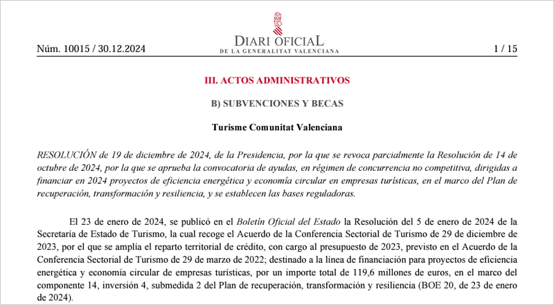 Se modifica la convocatoria de ayudas para proyectos de eficiencia energética en empresas turísticas valencianas