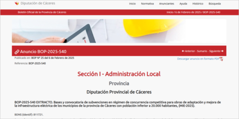 Ayudas para la mejora de la infraestructura eléctrica dirigidas a municipios de Cáceres