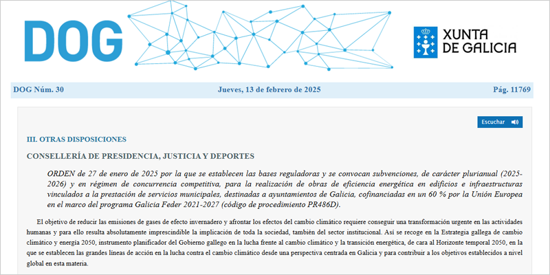 Nueva convocatoria de ayudas dirigidas a ayuntamientos gallegos para impulsar la eficiencia energética