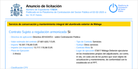 Abierta la licitación para el mantenimiento integral del alumbrado exterior de Málaga