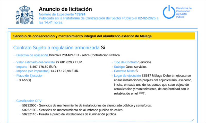 Licitación para el mantenimiento integral del alumbrado exterior de la ciudad de Málaga