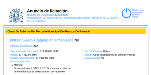 Abierta la licitación de la reforma del Mercado de Abastos de Palencia para mejorar su eficiencia energética