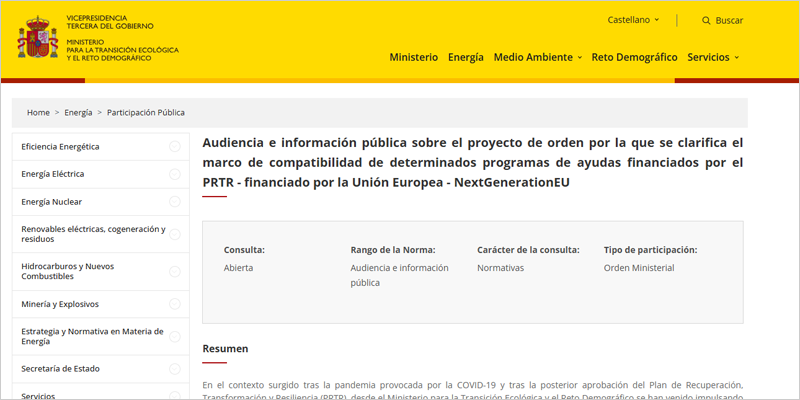 Audiencia pública sobre la compatibilidad de ayudas financiadas con fondos PRTR relacionadas con la transición energética