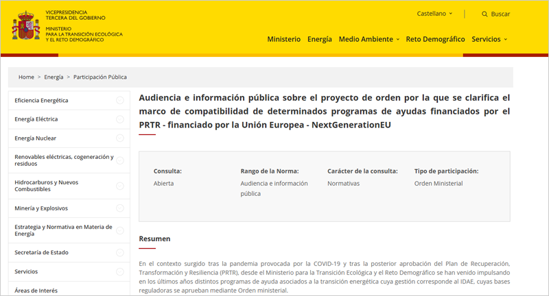 Audiencia pública sobre la compatibilidad de ayudas financiadas con fondos PRTR relacionadas con la transición energética 