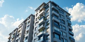 Imagen hiperrealista de un edificio residencial con cielo azul y nubes al fondo.