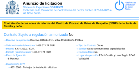 La Junta de Castilla y León licita la reforma energética del Centro de Proceso de Datos de Respaldo