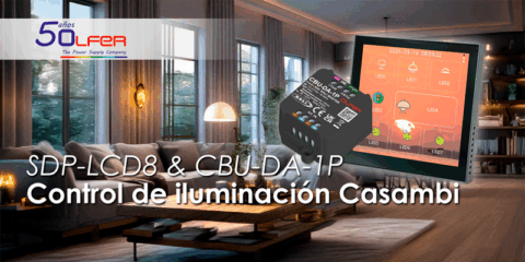 Electrónica OLFER muestra la configuración de SDP-LCD8 y CBU-DA-1P para el control de iluminación