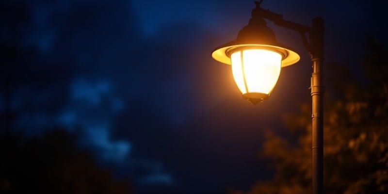 Farola encendida durante la noche con cielo nocturno desenfocado en el fondo, ilustrando ahorro energético.