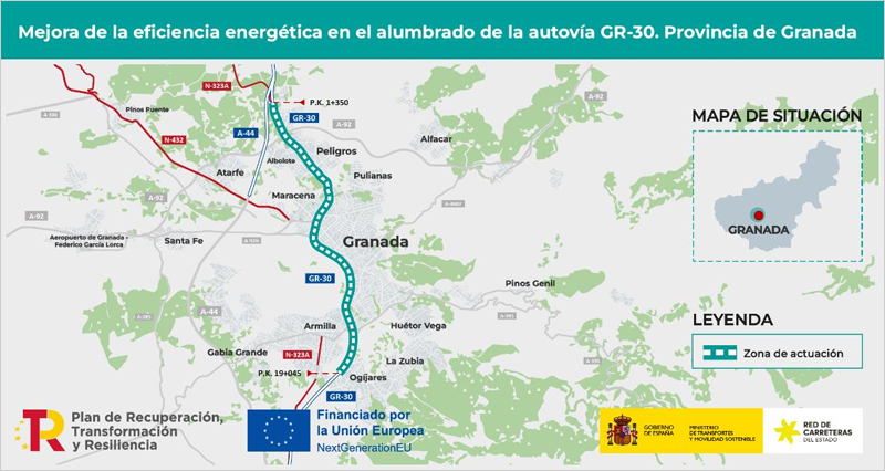 Adjudicadas las obras de mejora energética del alumbrado en la autovía GR-30 en la provincia de Granada