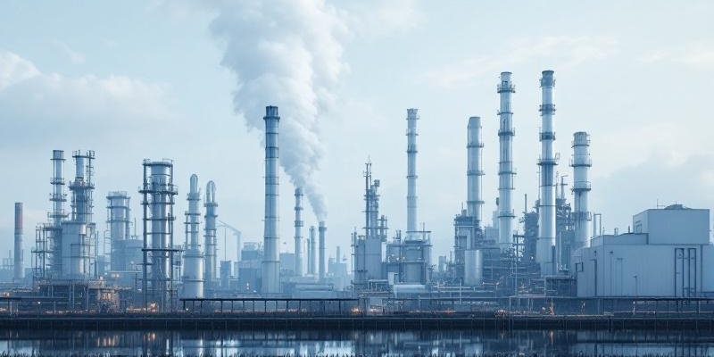 Fotografía hiperrealista de una planta industrial moderna en proceso de descarbonización.