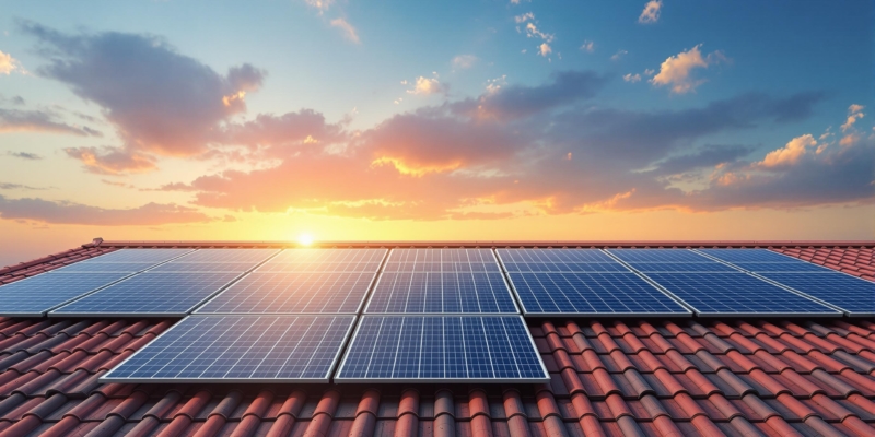 Paneles solares hiperrealistas en un tejado, simbolizando la energía renovable en Canarias.