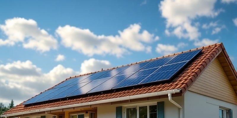 Tejado de una casa en Tafalla con paneles fotovoltaicos bajo un cielo azul parcialmente nublado.