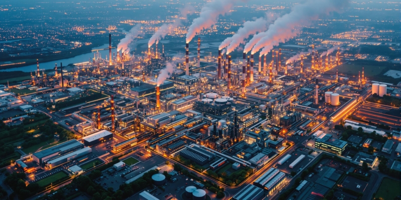Imagen hiperrealista de industria electrointensiva con tecnologías de descarbonización.