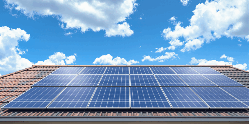 Paneles solares instalados en el techo de una casa con un cielo azul y nubes blancas de fondo.