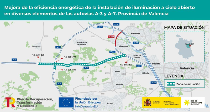 Adjudicada la mejora energética del alumbrado en las autovías A-3 y A-7 en la provincia de Valencia