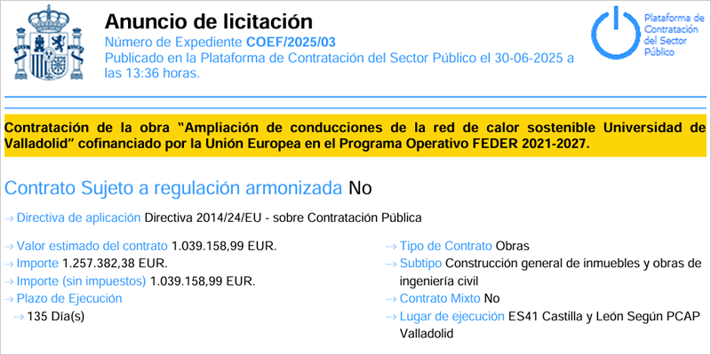 La ampliación de la red de calor sostenible de la Universidad de Valladolid sale a licitación