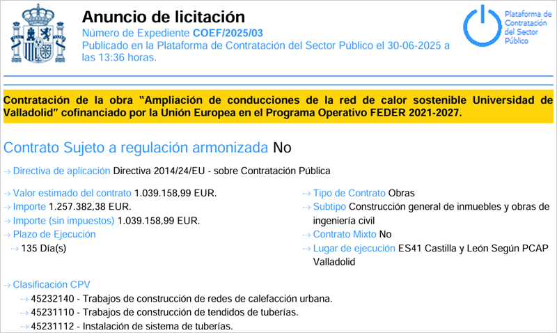 La ampliación de la red de calor sostenible de la Universidad de Valladolid sale a licitación
