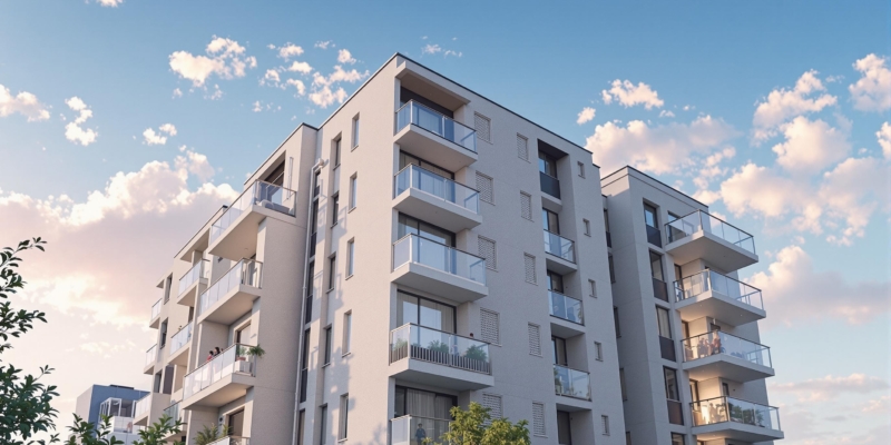 Foto hiperrealista de un edificio residencial con cielo de fondo, representando el diseño arquitectónico moderno.